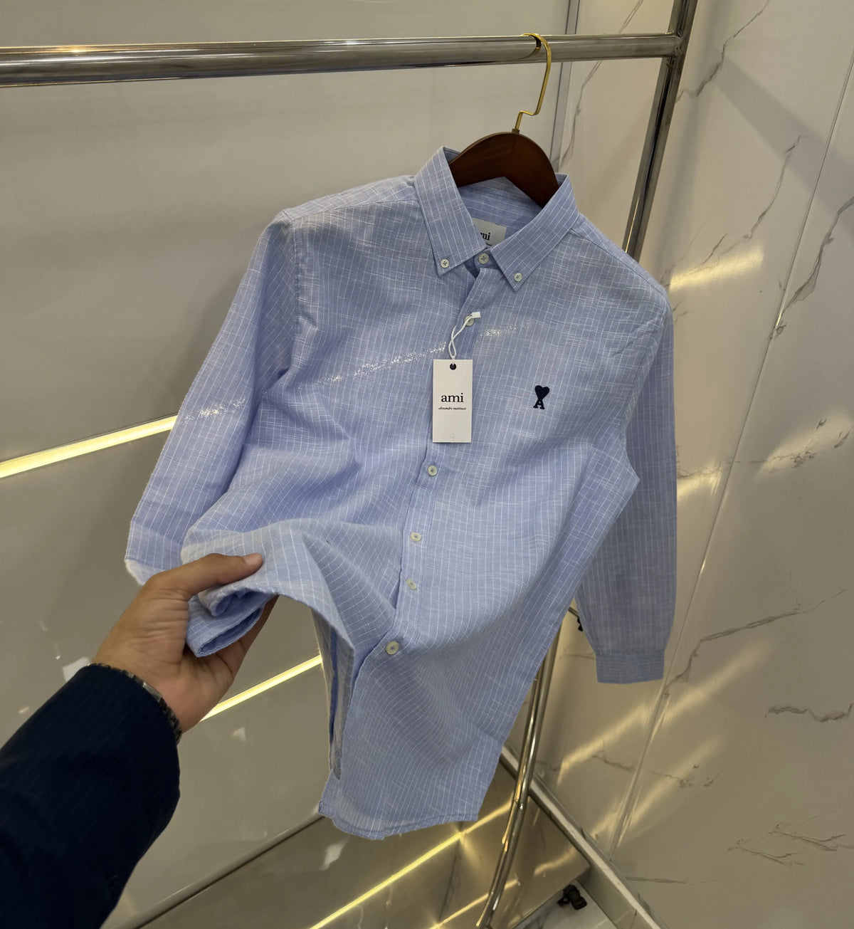 Ami Paris Sky Blue Embroidery Logo Work Premium Shirt