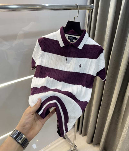 Ralph  Lauren Wine Stripes Premium Knitted Polo T-Shirt