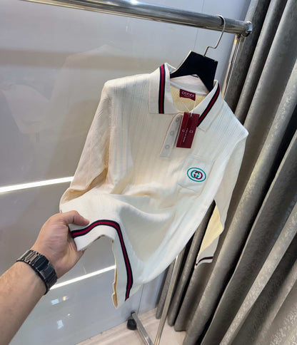 Gucc i Cream Logo Work Imported Knitted Polo T-Shirt