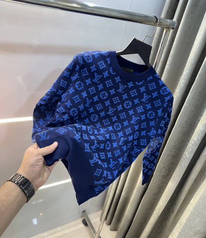 Louis  Vuitton Blue Logo Work Imported Knitted Pull Over