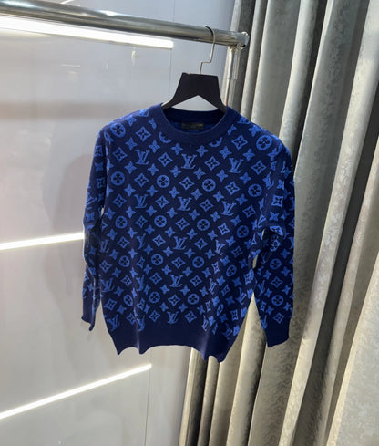 Louis  Vuitton Blue Logo Work Imported Knitted Pull Over