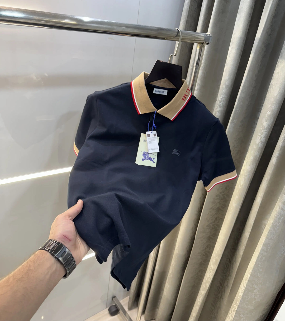 Burberr y Navy Blue Logo Work Imported Polo T-Shirt