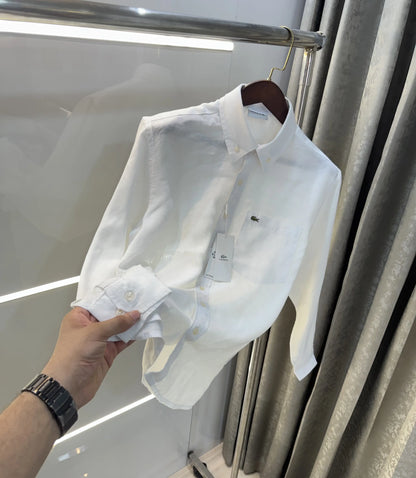 Lacoste White Embroidery Logo Premium Linen Shirt