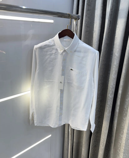 Lacoste White Embroidery Logo Premium Linen Shirt