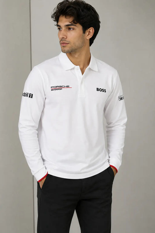 Hugo  Boss Porsche White Logo Work Premium Full Sleeve Polo T-Shirt