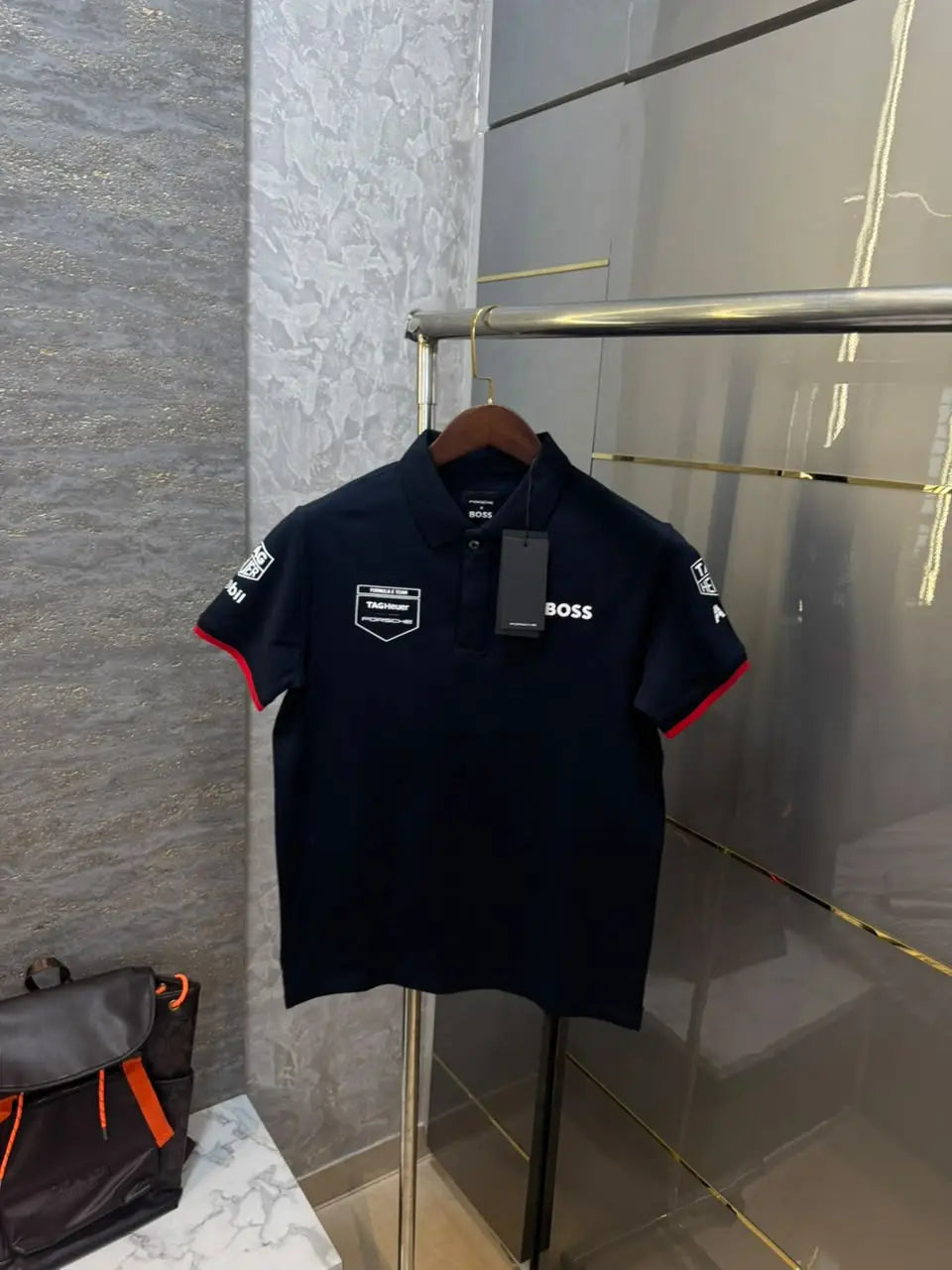Hug o  Bos s X Porsche Navy Blue Logo Work Premium Polo T-shirt