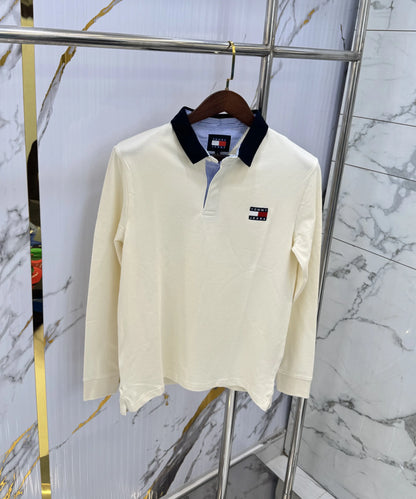 Tommy  Hilfiger Cream Logo Work Premium Full Sleeve Polo T-Shirt