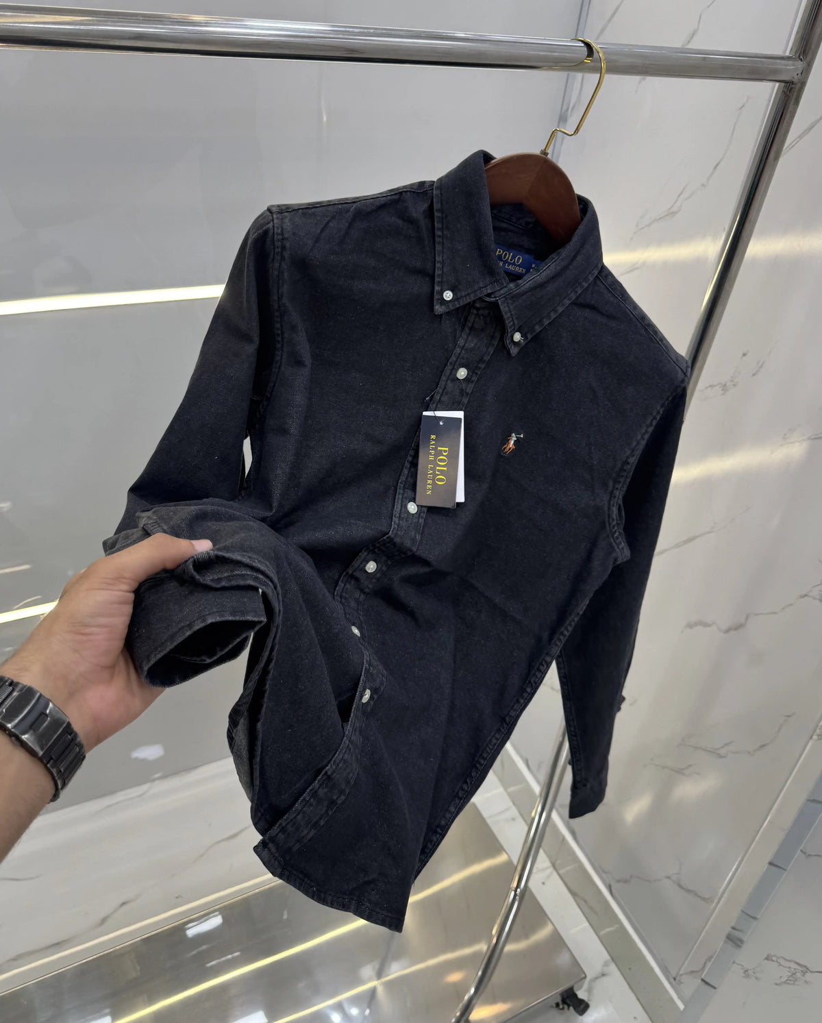 Ralph Lauren Black Embroidery Logo Premium Denim Shirt