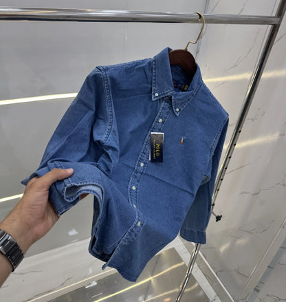 Ralph Lauren Mid Blue Embroidery Logo Premium Denim Shirt