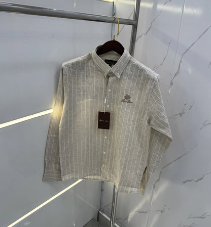 Loro Piana Beige Strips Embroidery Logo Premium Linen Shirt