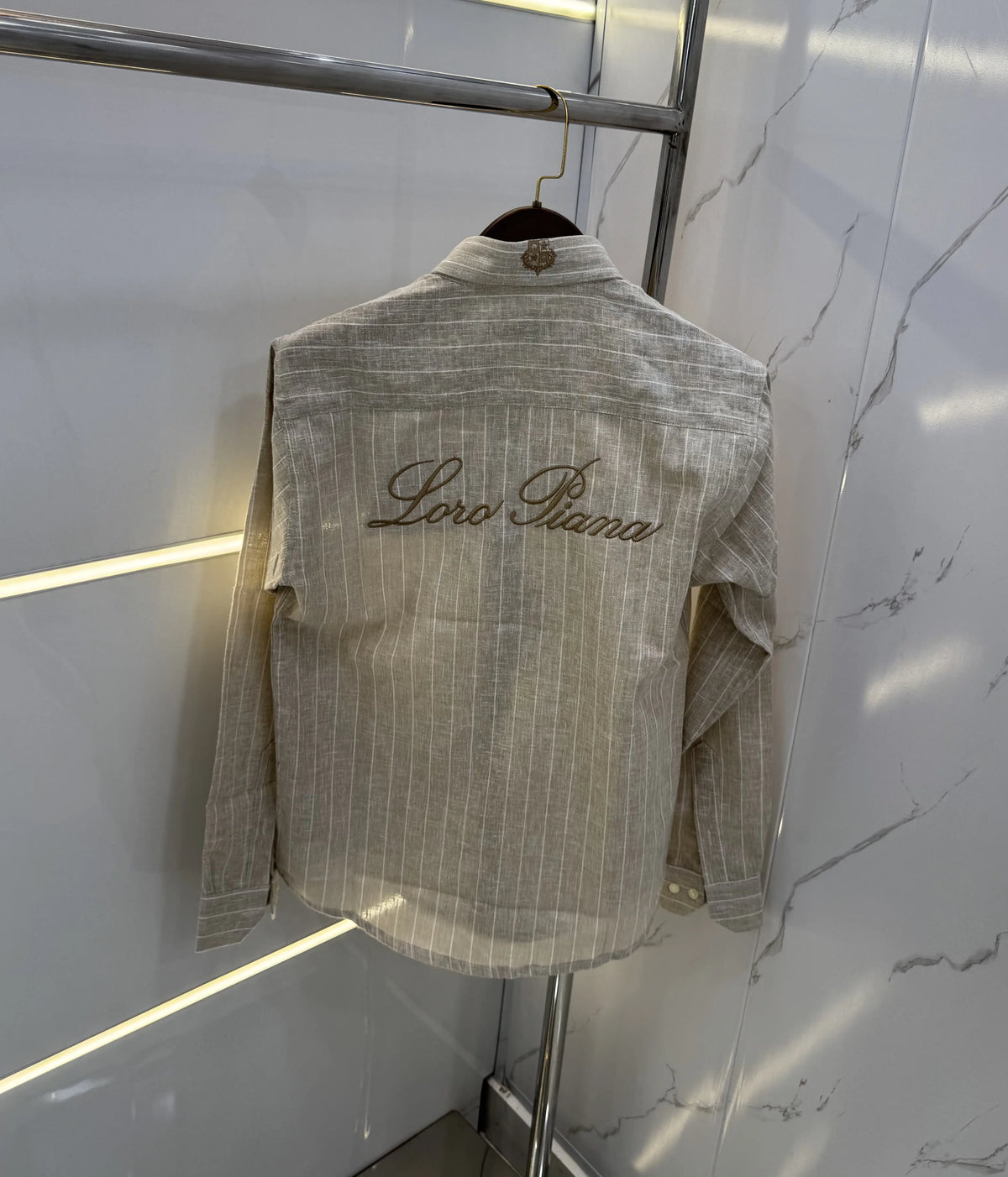 Loro Piana Beige Strips Embroidery Logo Premium Linen Shirt